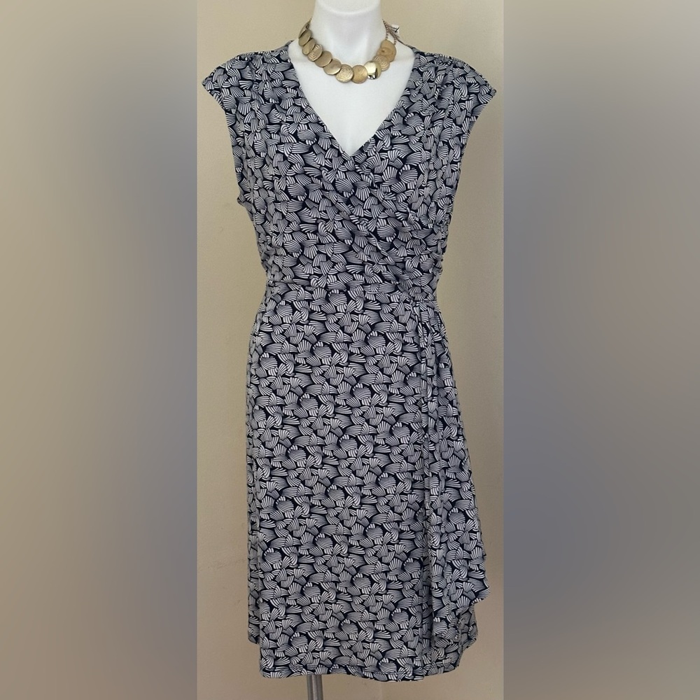 Charter Club Blue White Mock Stretch Mosaic Print Front Rap Draped Dress Sz L
